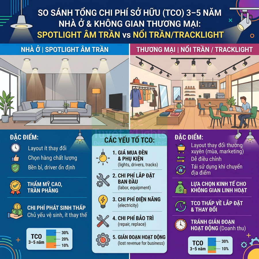 Infographic so sánh chi phí sở hữu spotlight âm trần cho nhà ở và đèn nổi trần tracklight cho không gian thương mại