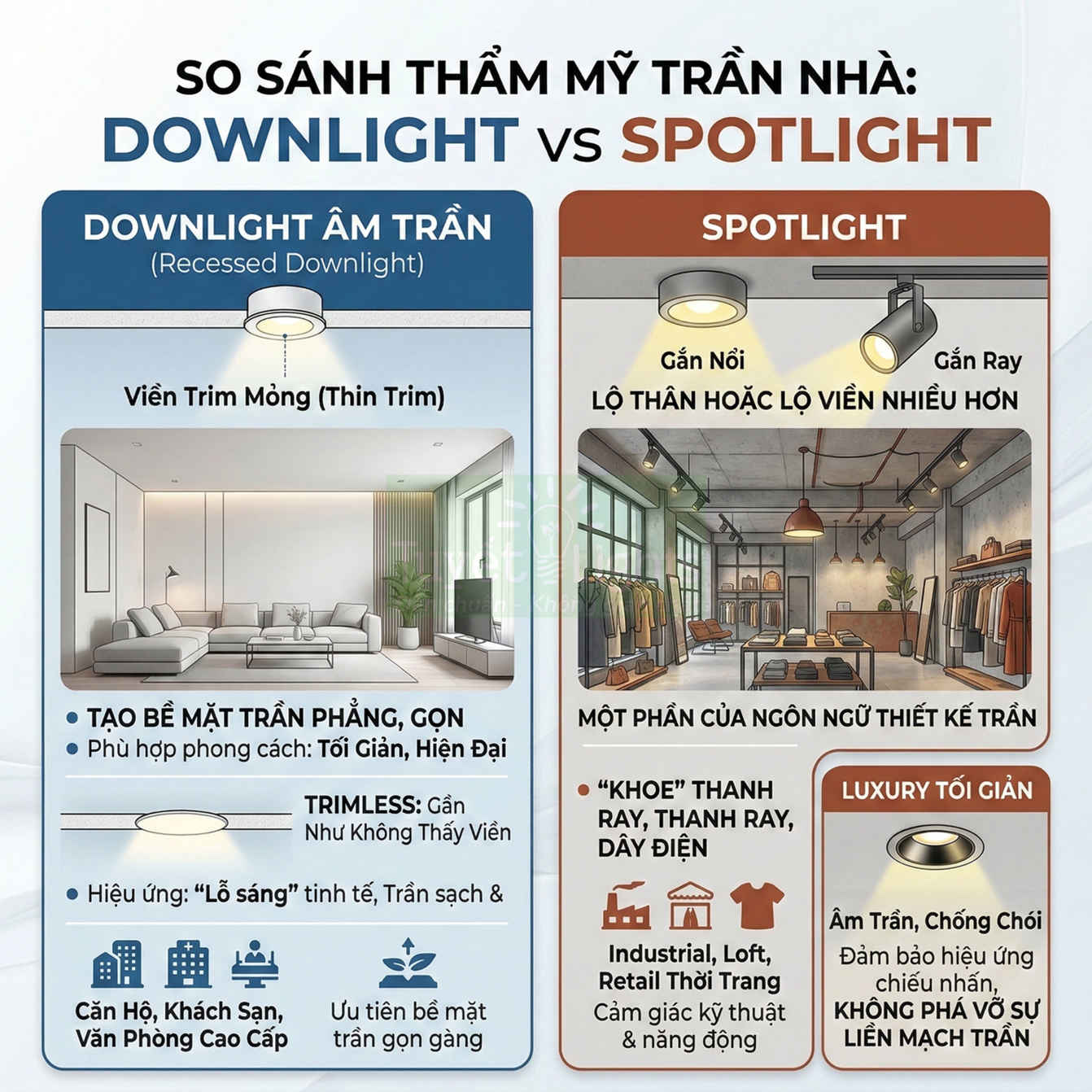 So sánh thẩm mỹ trần nhà với đèn downlight âm trần và đèn spotlight cho phòng khách và cửa hàng