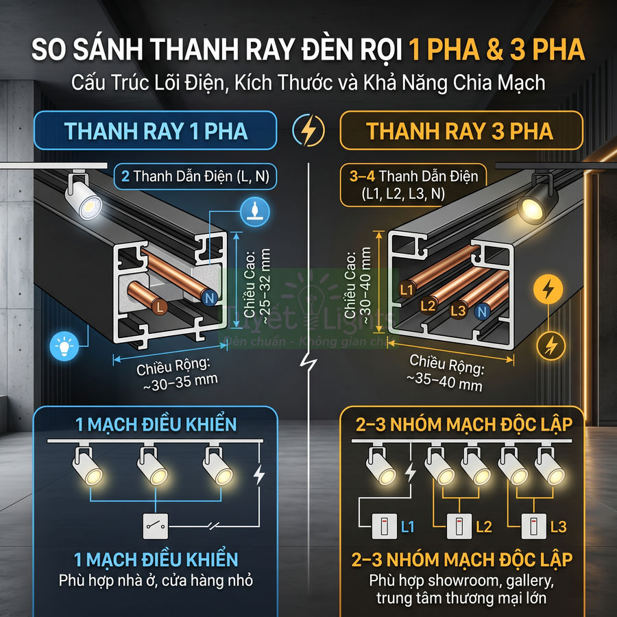 So sánh cấu tạo và ứng dụng thanh ray đèn rọi 1 pha và 3 pha cho hệ thống chiếu sáng nội thất