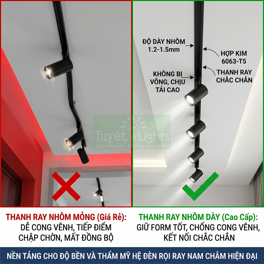 So sánh thanh ray nhôm mỏng và thanh ray nhôm dày cho đèn rọi ray nam châm trần nhà hiện đại