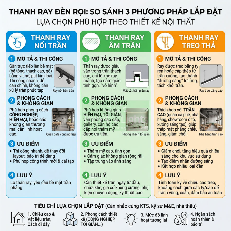 Infographic so sánh ba loại thanh ray đèn rọi: nổi trần, âm trần và treo thả cho thiết kế nội thất