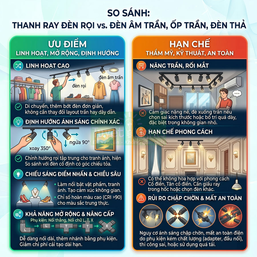 Infographic so sánh ưu điểm thanh ray đèn rọi với hạn chế của đèn âm trần, ốp trần và đèn thả trong chiếu sáng nội thất