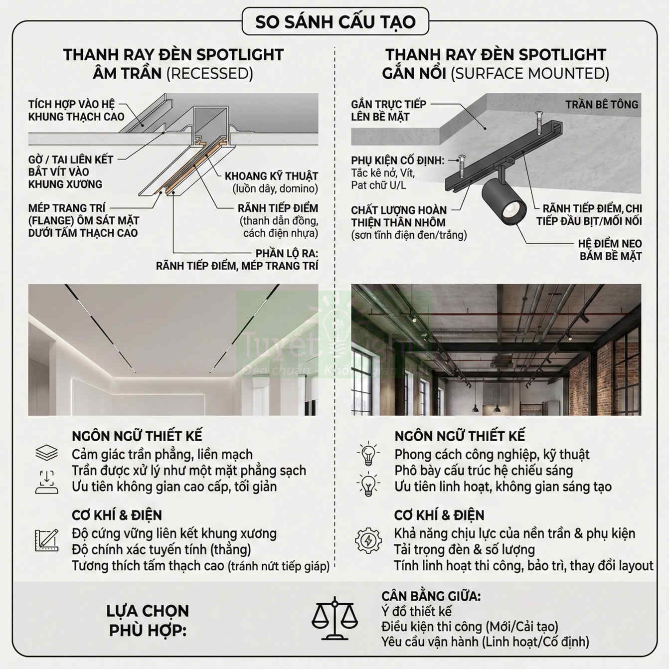 So sánh cấu tạo thanh ray đèn spotlight âm trần và gắn nổi trong thiết kế trần nhà