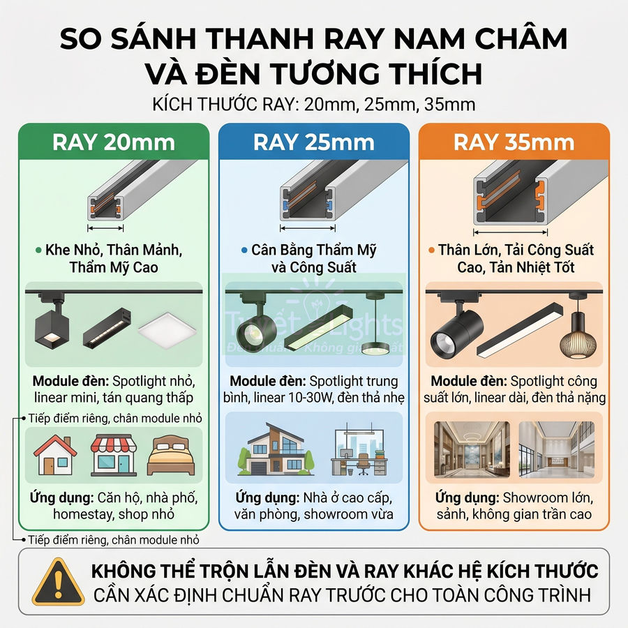 So sánh thanh ray nam châm 20mm 25mm 35mm và các loại đèn spotlight linear tương thích