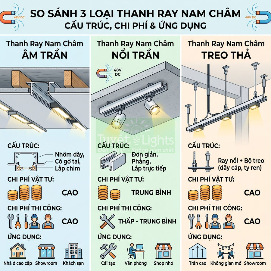 So sánh cấu trúc, chi phí và ứng dụng của ba loại thanh ray đèn nam châm âm trần, nổi trần và treo thả