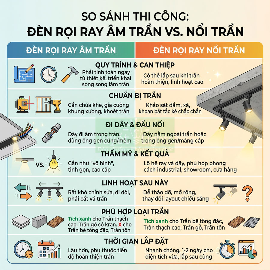 So sánh ưu nhược điểm đèn rọi ray âm trần và đèn rọi ray nổi trần cho thi công trần nhà