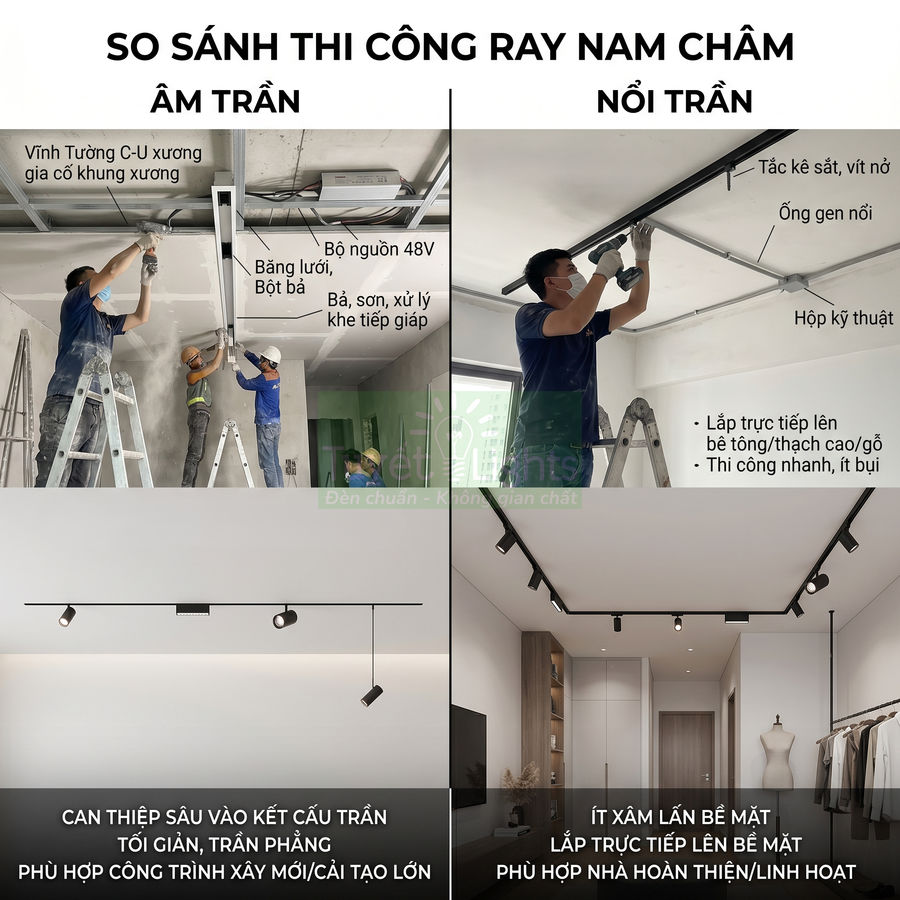 So sánh thi công ray đèn nam châm âm trần và nổi trần, hình ảnh lắp đặt và ứng dụng trong nội thất