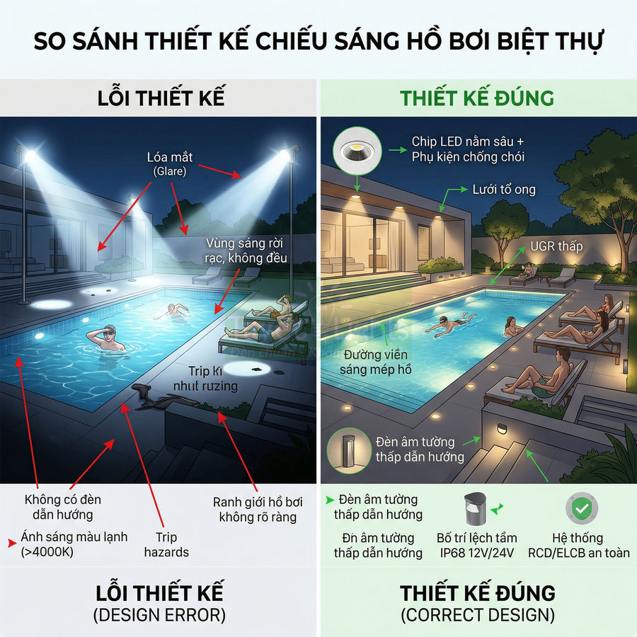 So sánh thiết kế chiếu sáng hồ bơi biệt thự sai và đúng với hệ thống đèn LED âm tường an toàn