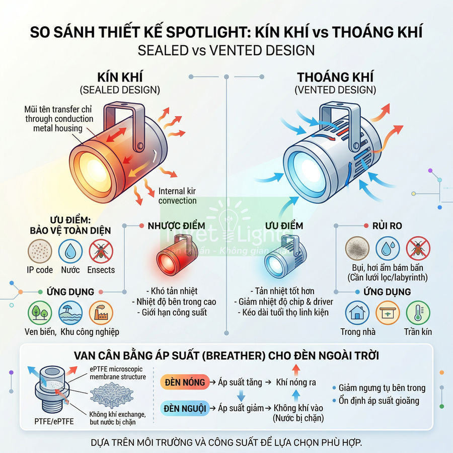 So sánh thiết kế đèn spotlight kín khí và thoáng khí, ưu nhược điểm và ứng dụng cho đèn ngoài trời