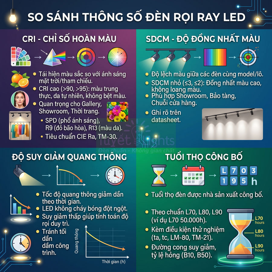 So sánh các thông số kỹ thuật đèn rọi ray LED về chỉ số hoàn màu, độ đồng nhất màu, suy giảm quang thông và tuổi thọ