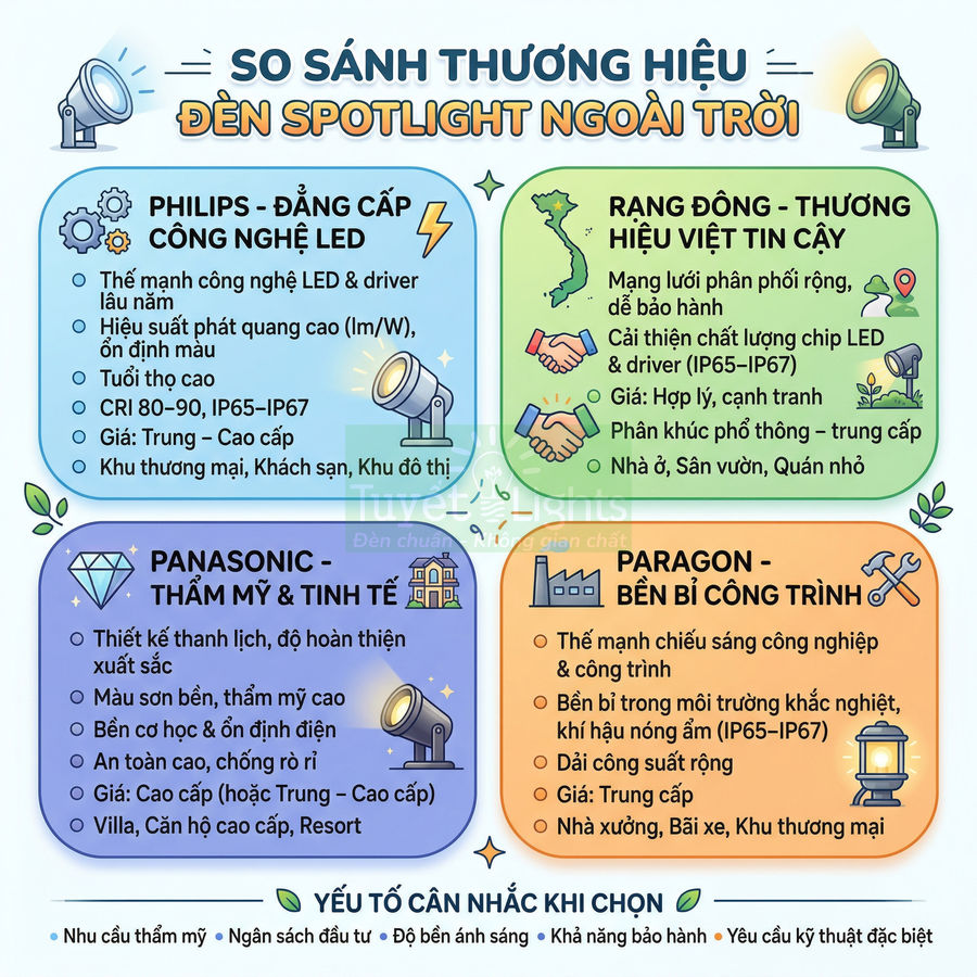 So sánh các thương hiệu đèn spotlight ngoài trời Philips, Rạng Đông, Panasonic, Paragon và yếu tố lựa chọn
