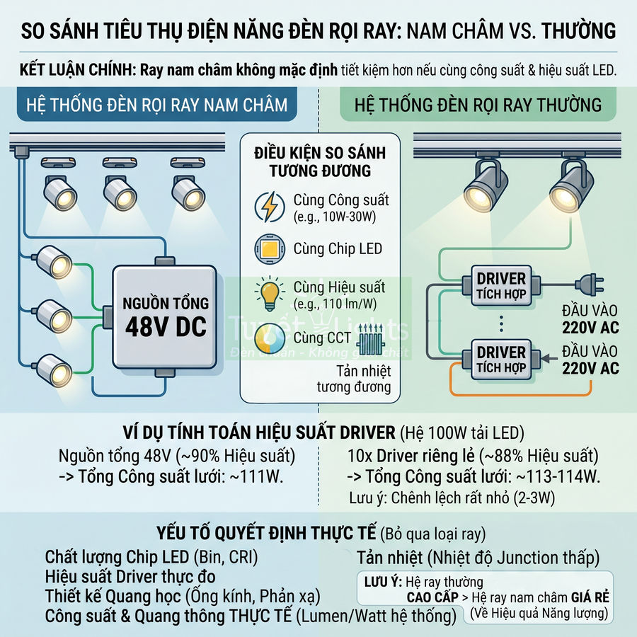 So sánh hệ thống đèn rọi ray nam châm và đèn rọi ray thường về nguồn điện và hiệu suất tiêu thụ