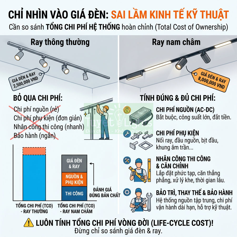 So sánh chi phí tổng thể hệ thống đèn ray thường và đèn ray nam châm cho chiếu sáng trần nhà