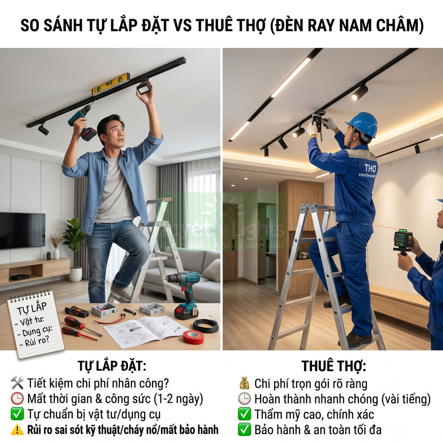 So sánh tự lắp đặt và thuê thợ lắp đèn ray nam châm trên trần nhà trong phòng khách hiện đại