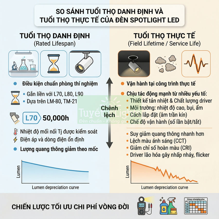 Infographic so sánh tuổi thọ danh định và tuổi thọ thực tế của đèn spotlight LED và chiến lược tối ưu chi phí