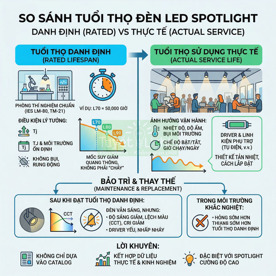 Infographic so sánh tuổi thọ danh định và tuổi thọ thực tế của đèn LED spotlight và các yếu tố ảnh hưởng