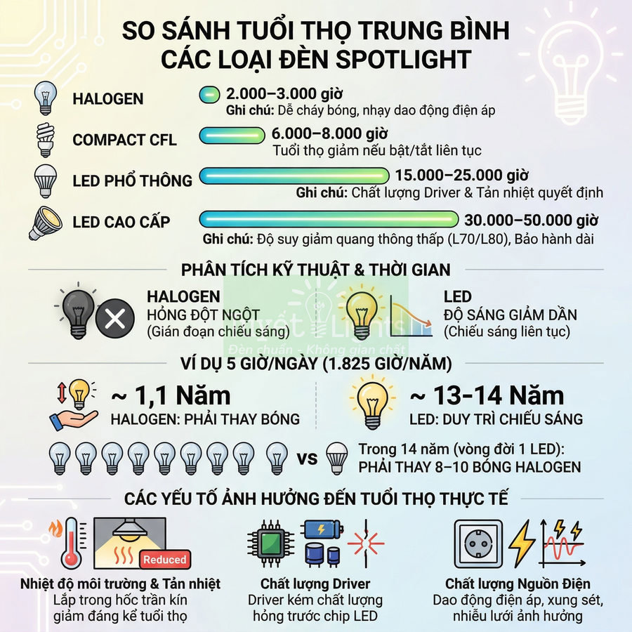 Infographic so sánh tuổi thọ các loại đèn spotlight halogen, compact CFL, LED phổ thông và LED cao cấp