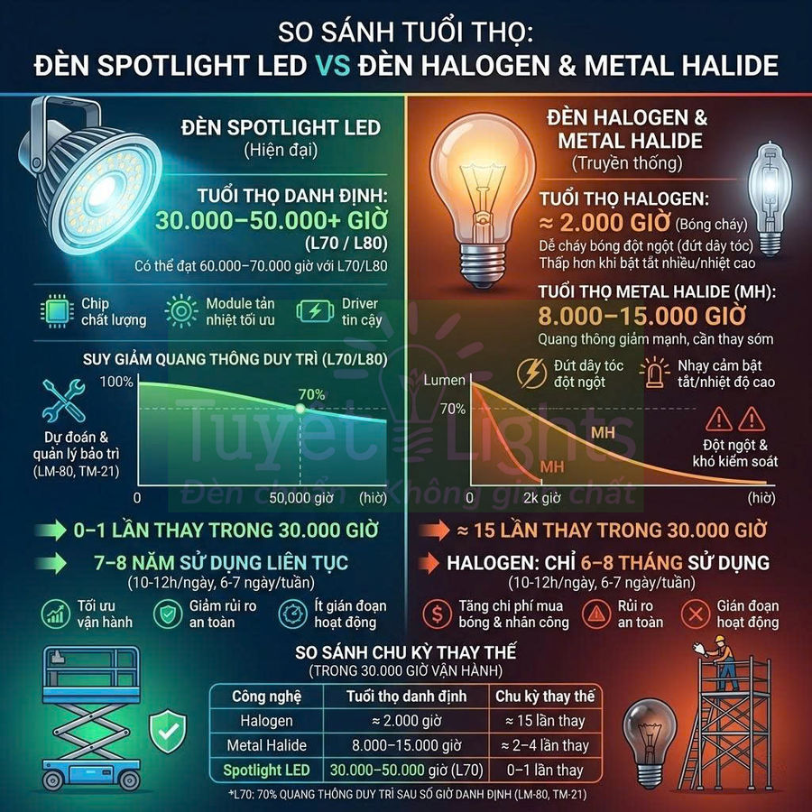 Infographic so sánh tuổi thọ đèn spotlight LED hiện đại với đèn halogen và metal halide truyền thống