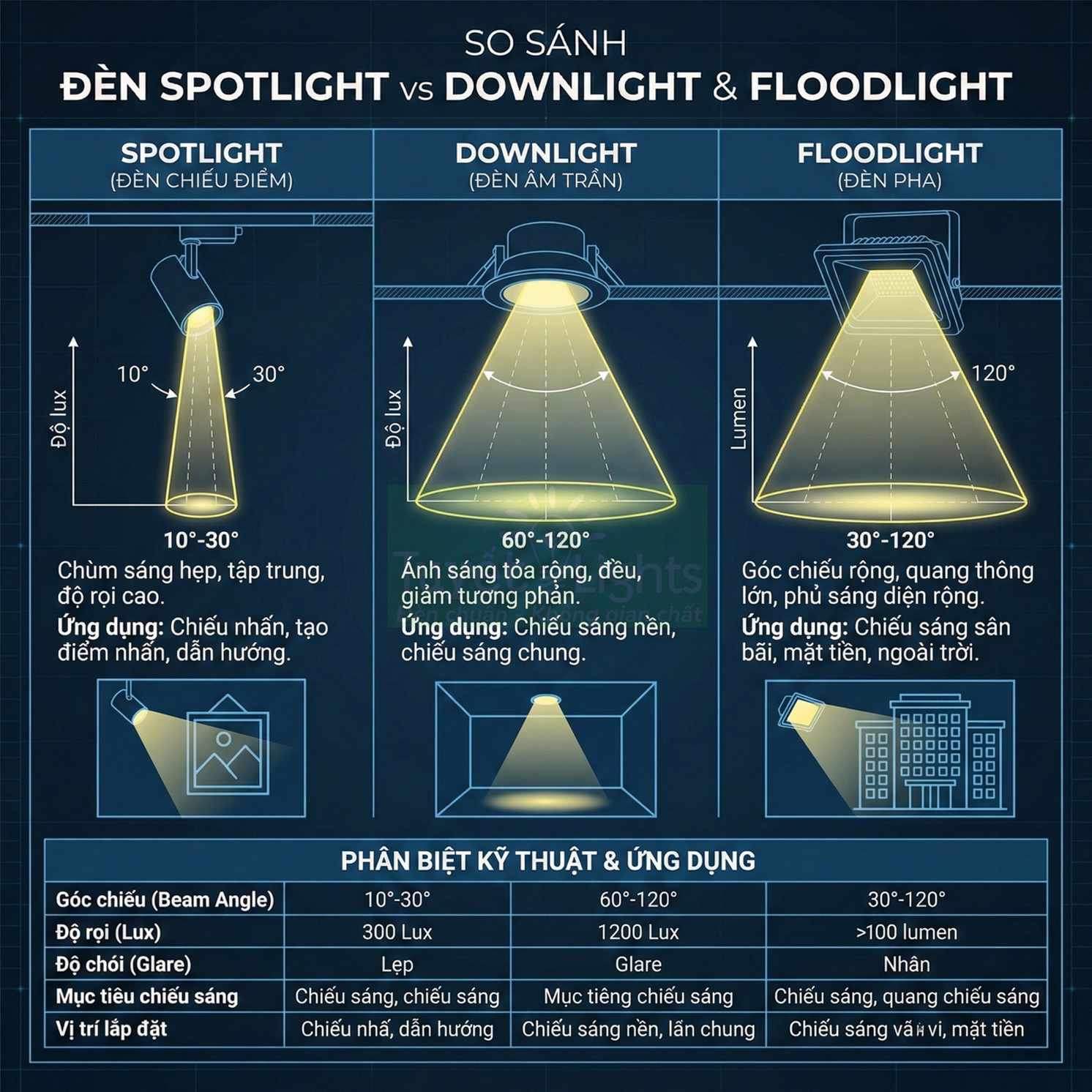 So sánh đèn spotlight, downlight âm trần và floodlight pha về góc chiếu, độ rọi và ứng dụng chiếu sáng