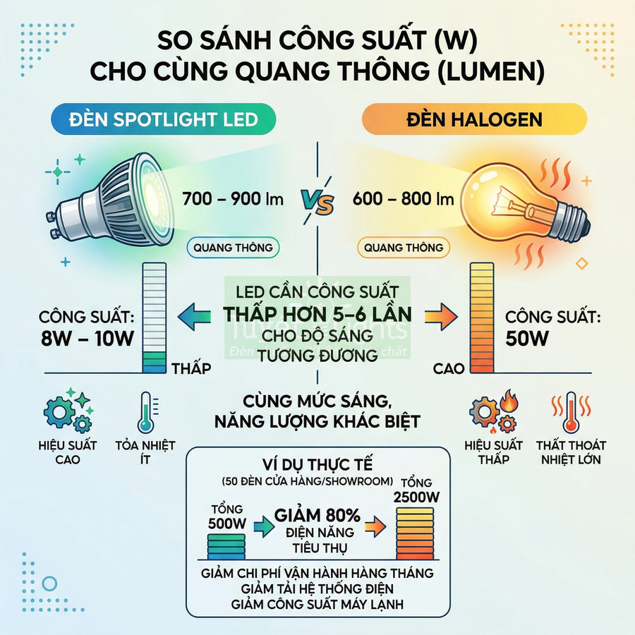 So sánh đèn spotlight LED và đèn halogen về công suất, quang thông và hiệu quả tiết kiệm điện
