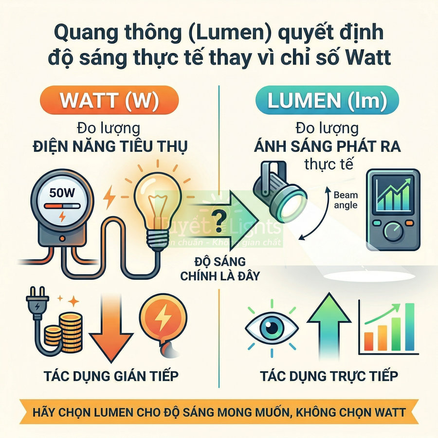 Infographic so sánh Watt và Lumen, giải thích nên chọn quang thông Lumen để quyết định độ sáng đèn LED