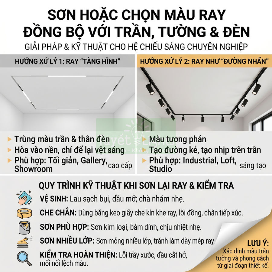 Hướng dẫn chọn màu sơn ray đèn chiếu sáng đồng bộ với trần tường và quy trình sơn lại ray chuyên nghiệp