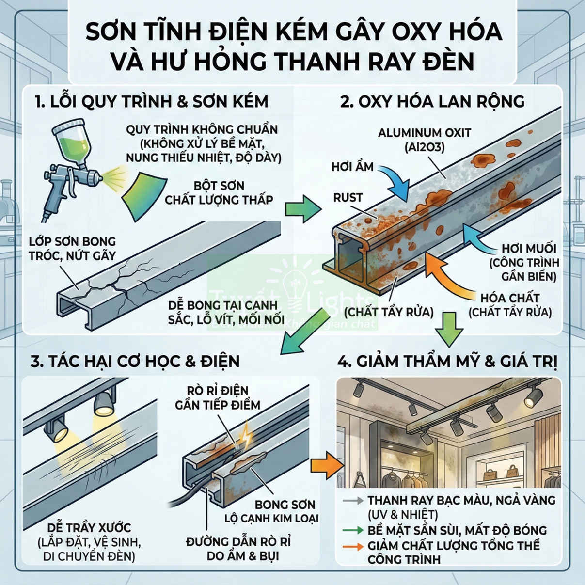 Thanh ray đèn trần bị bong sơn tĩnh điện, oxy hóa rỉ sét, giảm thẩm mỹ và độ bền công trình