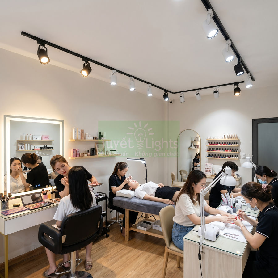 Đèn rọi ray Tuyết Lights chiếu sáng phòng spa làm đẹp với nhiều kỹ thuật viên chăm sóc khách hàng