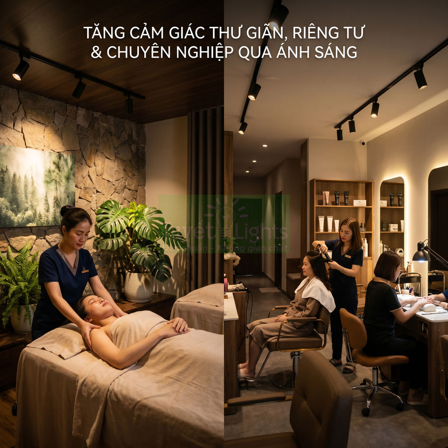 Không gian spa cao cấp với hệ thống đèn rọi trần, khách được massage và làm tóc trong ánh sáng ấm áp