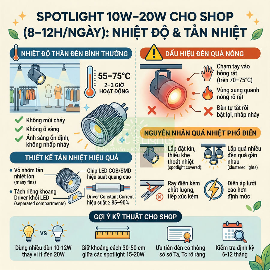 Infographic hướng dẫn chọn và lắp đặt đèn LED spotlight 10W 20W cho shop để giảm nhiệt độ và tản nhiệt hiệu quả