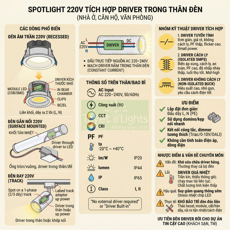 Infographic đèn spotlight LED 220V tích hợp driver trong thân đèn cho nhà ở căn hộ văn phòng