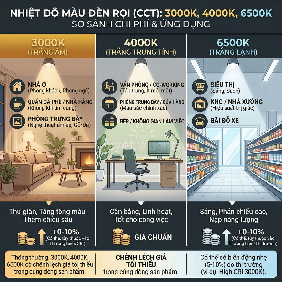 So sánh nhiệt độ màu đèn rọi 3000K 4000K 6500K và ứng dụng cho nhà ở văn phòng siêu thị