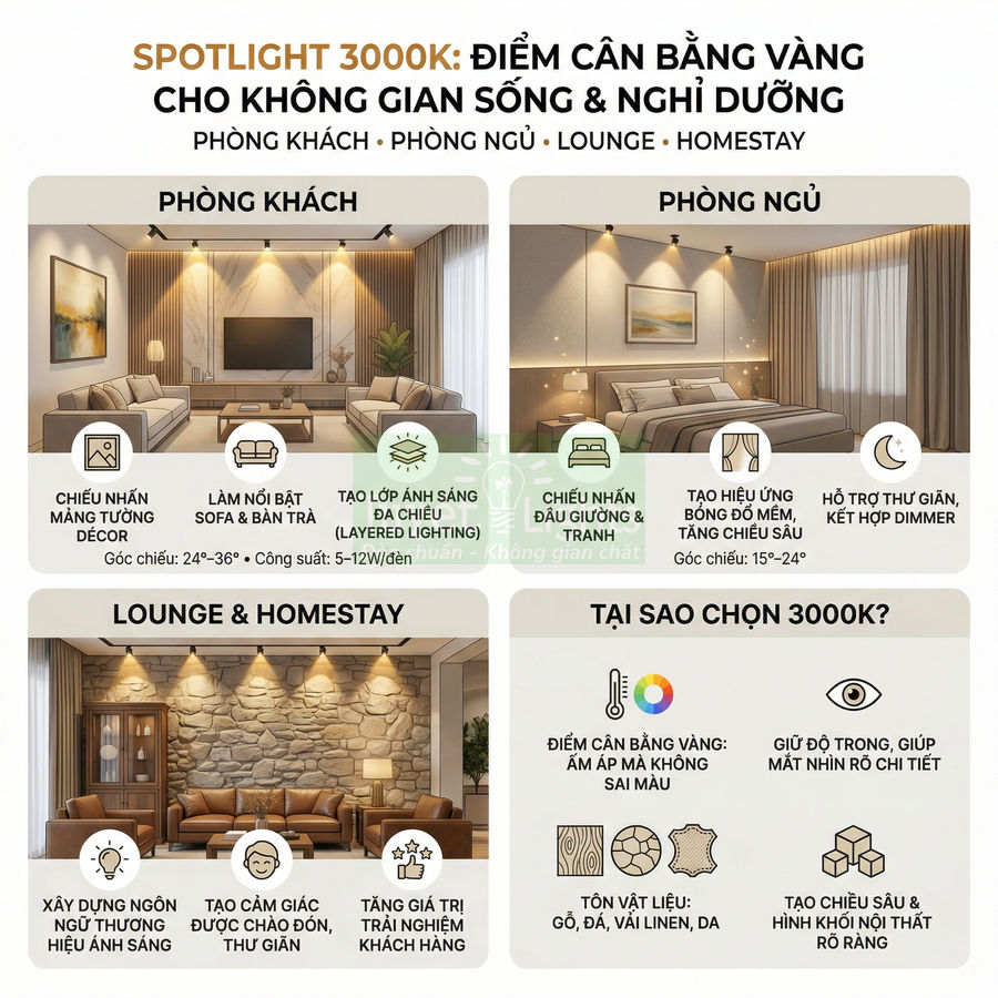 Đèn spotlight 3000K chiếu sáng phòng khách, phòng ngủ, lounge và homestay tạo không gian ấm áp thư giãn