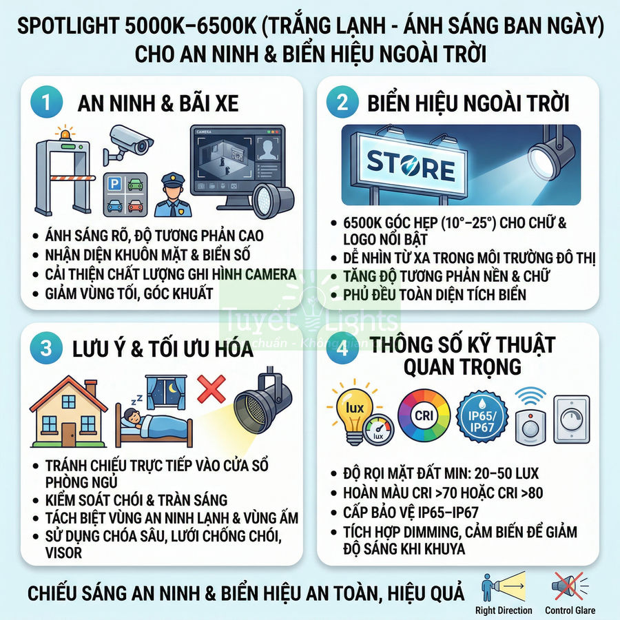 Infographic spotlight LED 5000K 6500K cho an ninh bãi xe, biển hiệu ngoài trời và lưu ý tối ưu chiếu sáng