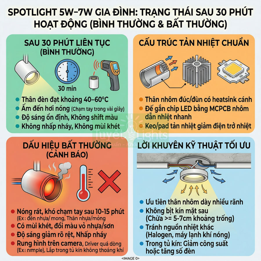 Hướng dẫn kiểm tra nhiệt độ và cấu trúc tản nhiệt chuẩn cho đèn spotlight LED gia đình 5W 7W