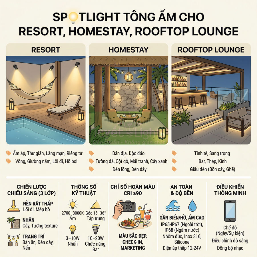 Spotlight tông ấm trang trí resort homestay rooftop lounge với nhiều lớp chiếu sáng và không gian thư giãn sang trọng