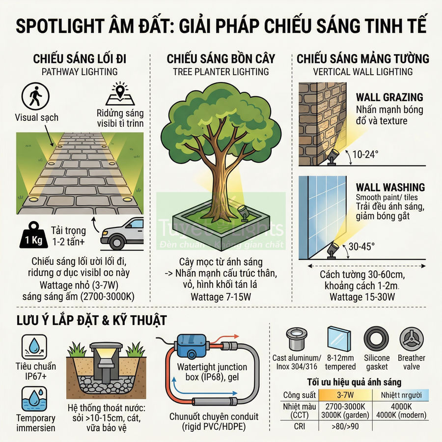 Infographic giải pháp chiếu sáng spotlight âm đất cho lối đi, bồn cây và tường ngoài trời