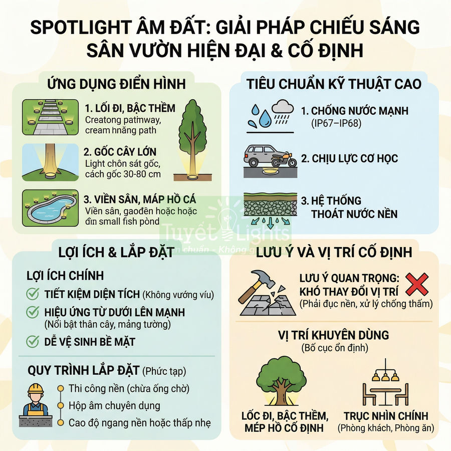 Infographic giới thiệu giải pháp chiếu sáng sân vườn hiện đại bằng đèn spotlight âm đất và hướng dẫn lắp đặt