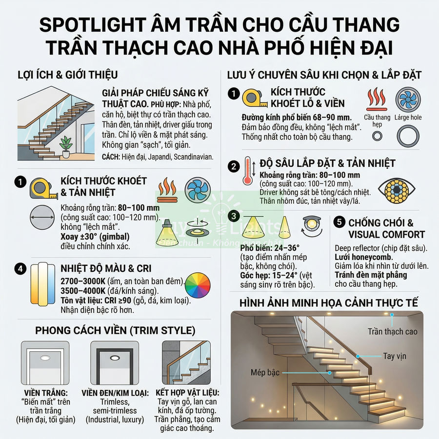 Infographic hướng dẫn chọn đèn spotlight âm trần cho cầu thang trần thạch cao nhà phố hiện đại