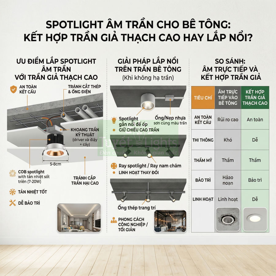 Infographic so sánh giải pháp lắp đèn spotlight âm trần bê tông và kết hợp trần giả thạch cao