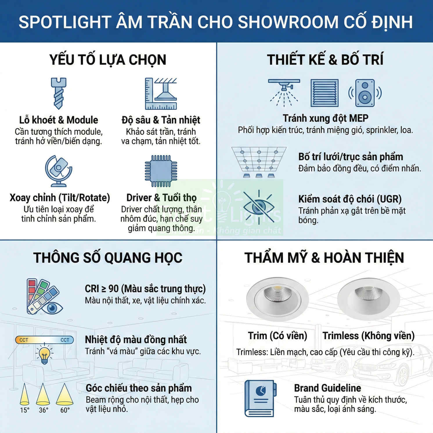 Hướng dẫn chọn spotlight âm trần cho showroom cố định với tiêu chí kỹ thuật và thẩm mỹ chi tiết