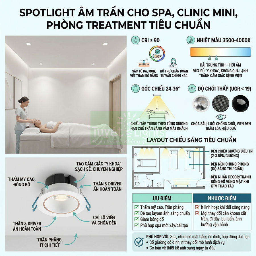 Đèn spotlight âm trần cho phòng spa clinic mini, ánh sáng trắng ấm chiếu tập trung giường điều trị