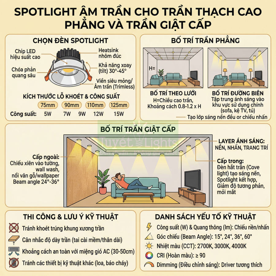 Hướng dẫn chọn và bố trí đèn spotlight âm trần cho trần thạch cao phẳng và trần giật cấp trong phòng khách