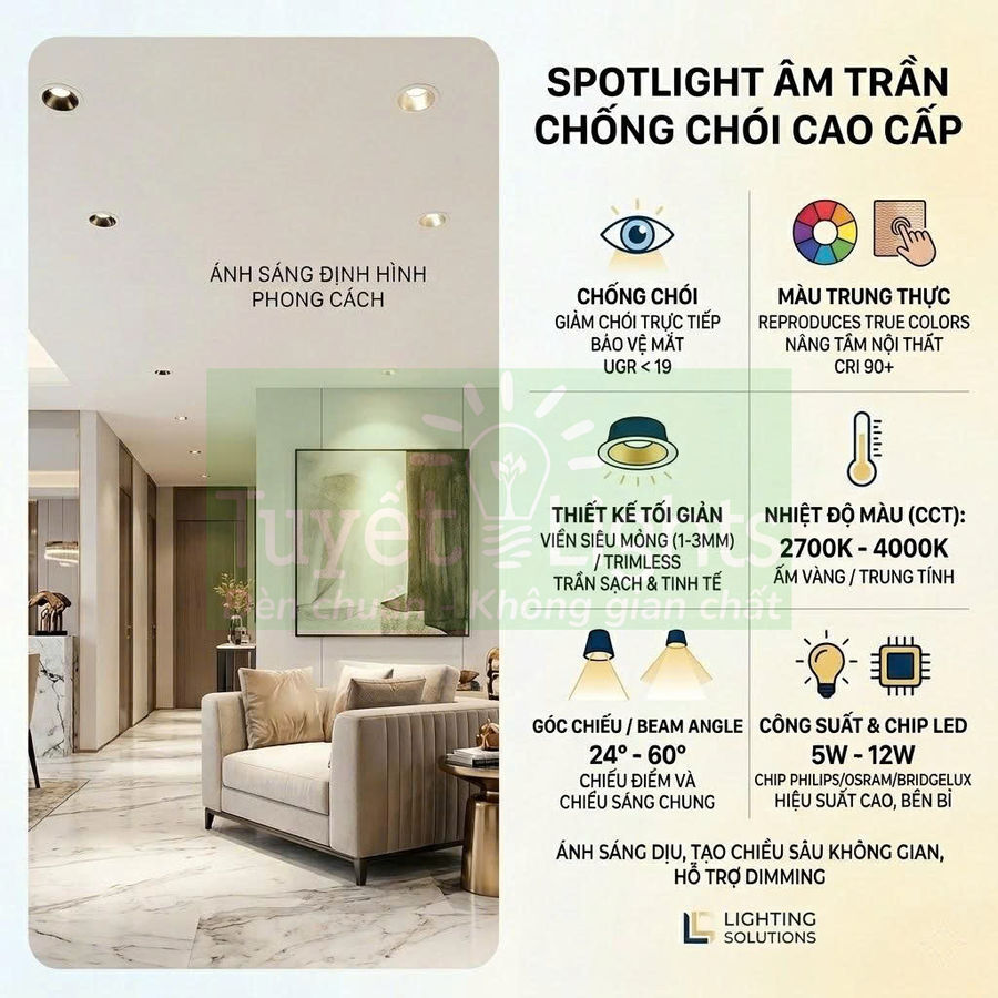 Spotlight âm trần chống chói cao cấp cho phòng khách hiện đại, ánh sáng trung thực, góc chiếu linh hoạt