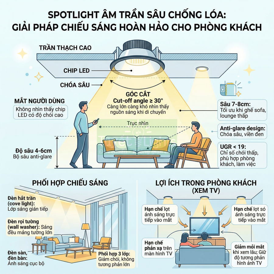 Spotlight âm trần sâu chống lóa chiếu sáng phòng khách, giảm chói mắt khi xem TV và sinh hoạt