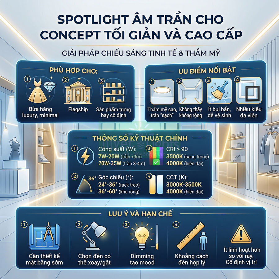 Infographic spotlight âm trần cho cửa hàng thời trang cao cấp với thông số kỹ thuật và ưu điểm chiếu sáng nổi bật