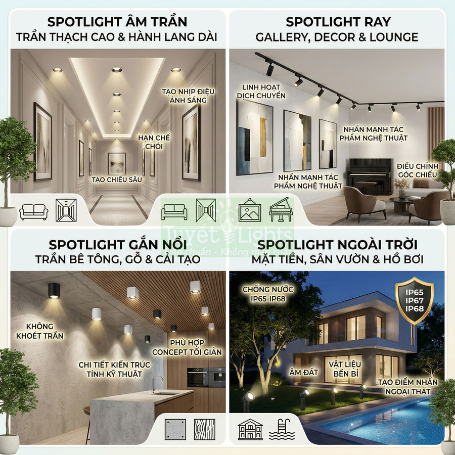 Các loại đèn spotlight âm trần, gắn nổi, ray và ngoài trời VietLights cho nhà ở, sân vườn, hồ bơi