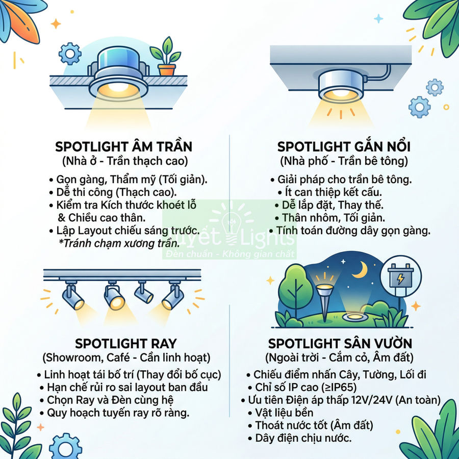 Các loại đèn spotlight âm trần, gắn nổi, ray và sân vườn kèm ưu điểm và ứng dụng chiếu sáng