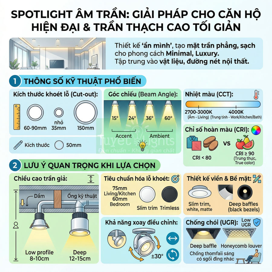 Infographic hướng dẫn chọn đèn spotlight âm trần cho trần thạch cao hiện đại, nêu thông số kỹ thuật và lưu ý lắp đặt