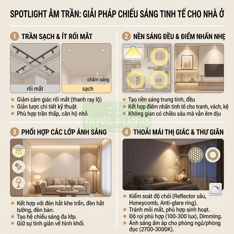 Infographic giới thiệu giải pháp chiếu sáng nhà ở bằng đèn spotlight âm trần tạo không gian sạch và thư giãn